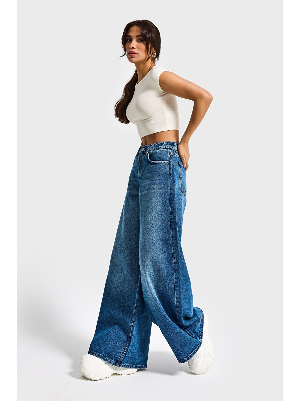 Kadın Mavi Renk 2S5 4 Palazzo Fit Beli Lastliki  100 Pamuk Denim Jean-5