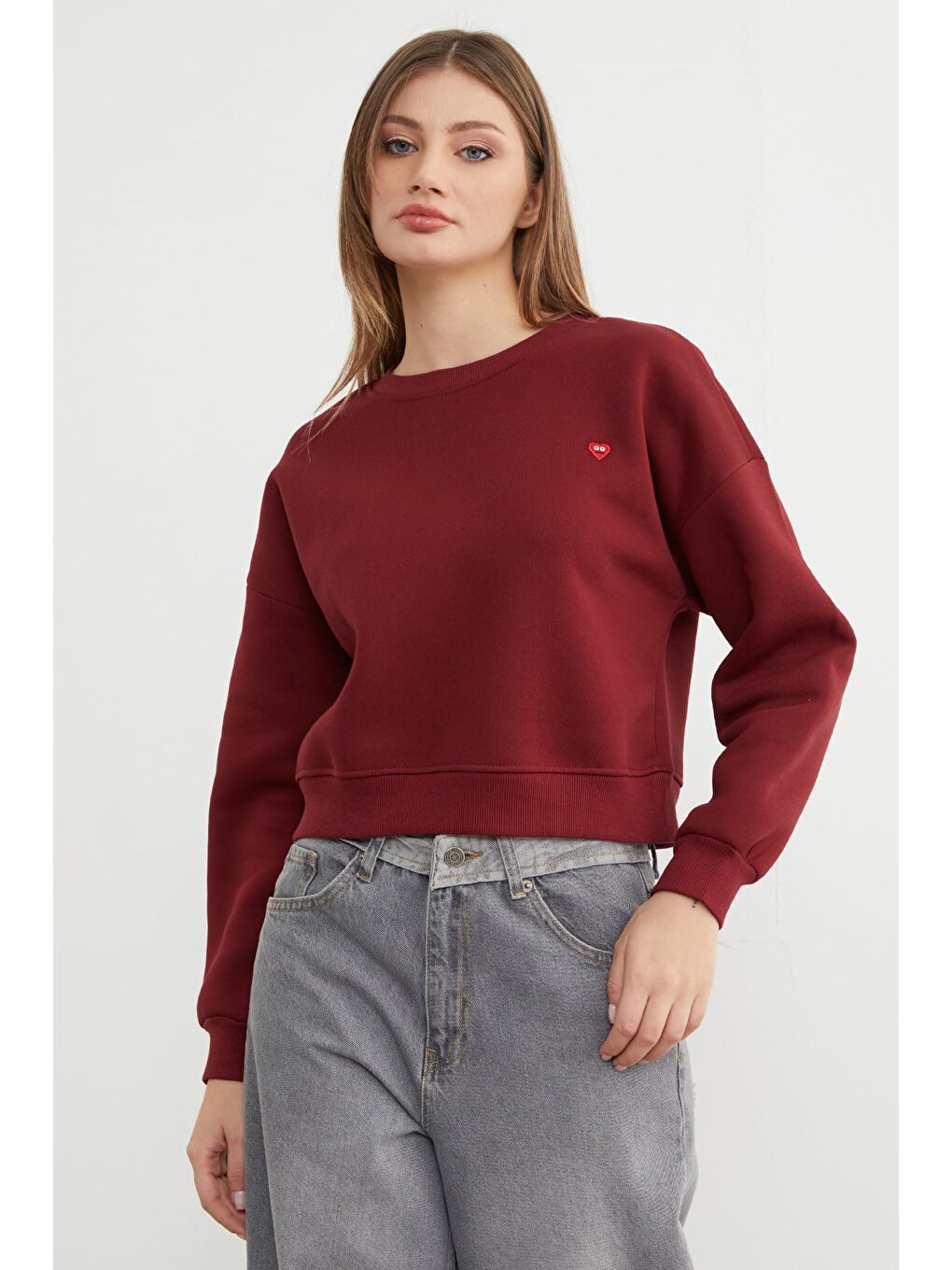 Bordo 3 İplik Kalp Nakışlı Bisiklet Yaka Sweatshirt