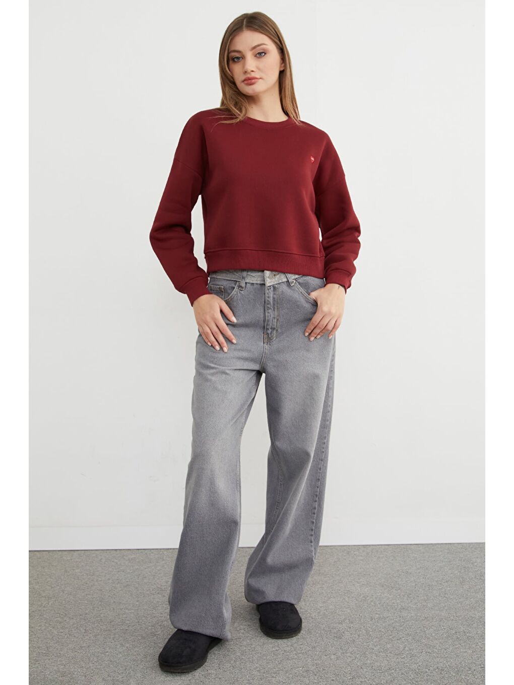 Bordo 3 İplik Kalp Nakışlı Bisiklet Yaka Sweatshirt-1