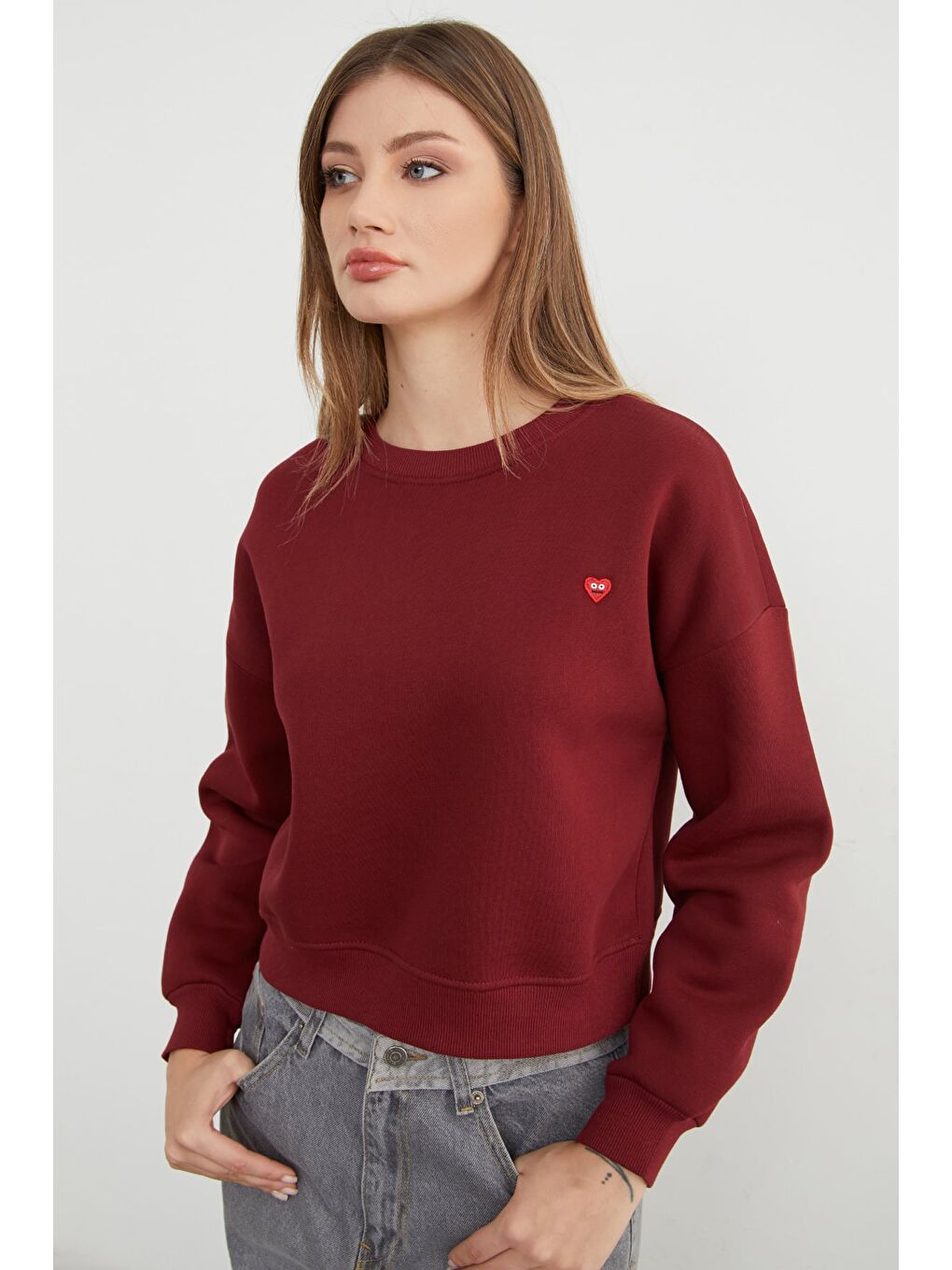 Bordo 3 İplik Kalp Nakışlı Bisiklet Yaka Sweatshirt-2