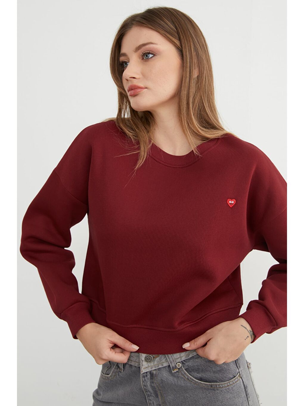 Bordo 3 İplik Kalp Nakışlı Bisiklet Yaka Sweatshirt-4