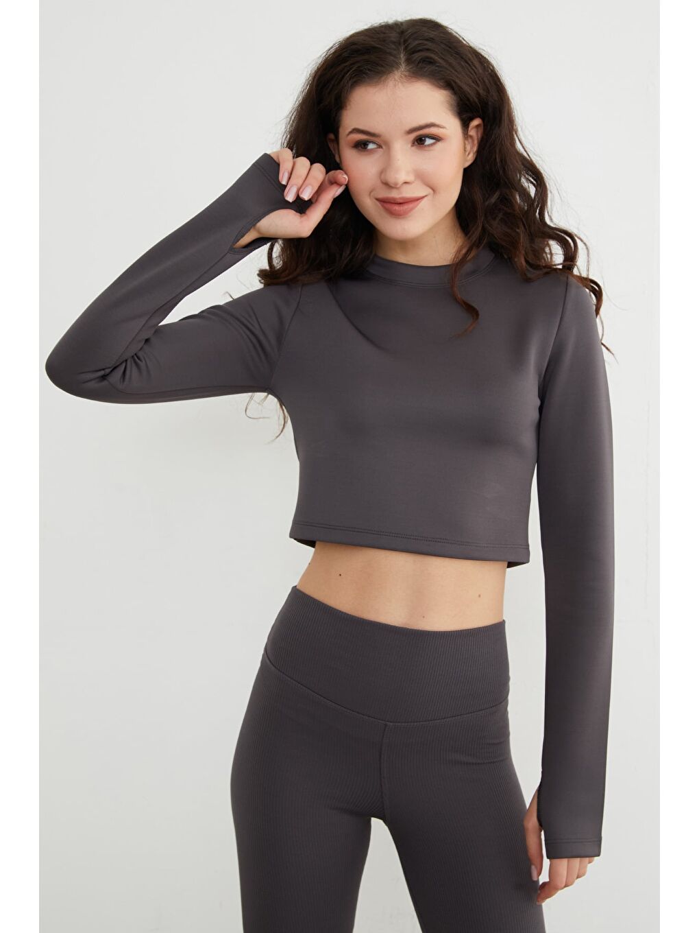 Antrasit Basic Bisiklet Yaka Parmak Geçmeli Crop Bluz