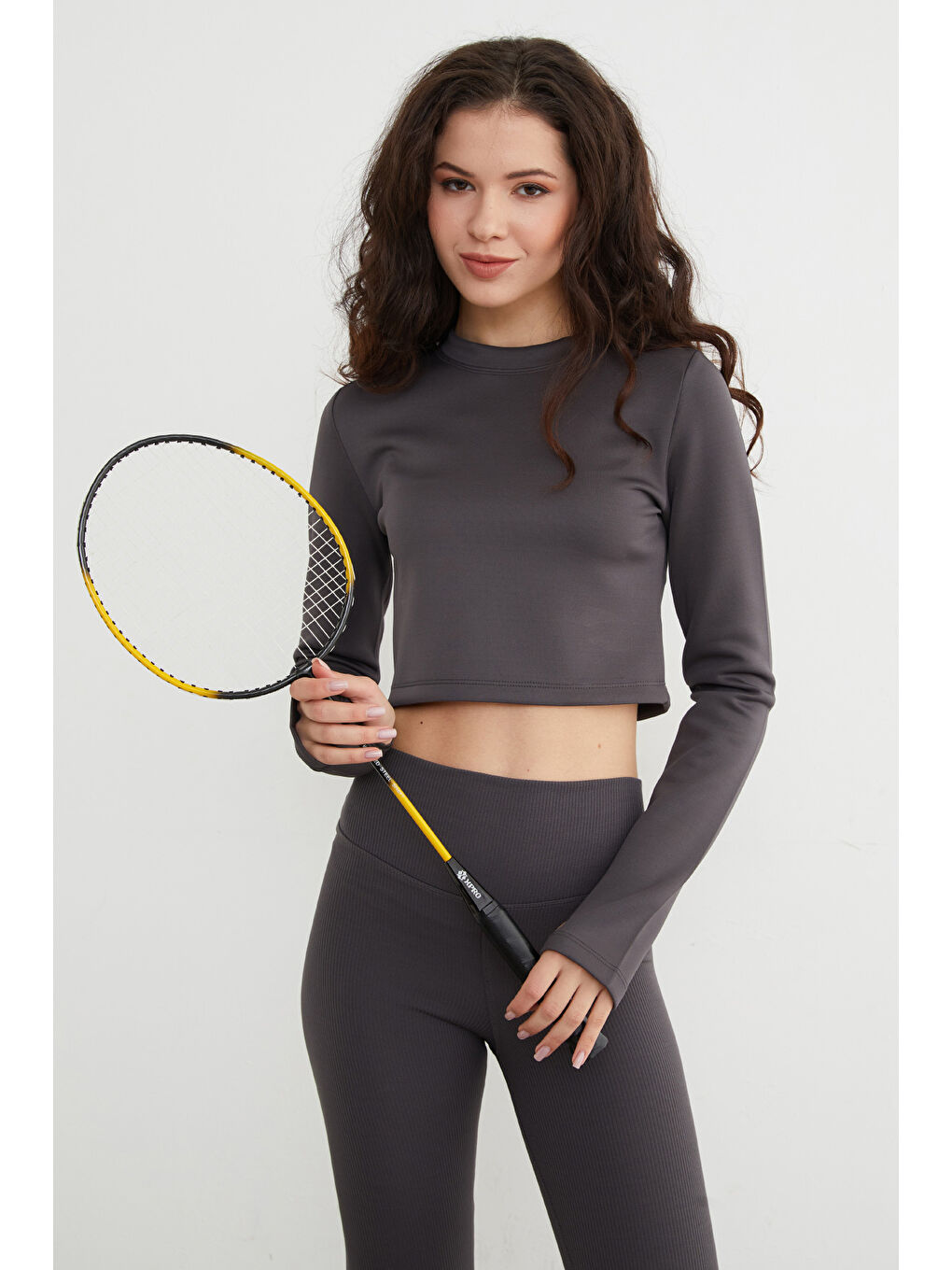 Antrasit Basic Bisiklet Yaka Parmak Geçmeli Crop Bluz-1