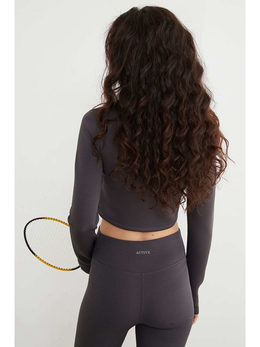 Antrasit Basic Bisiklet Yaka Parmak Geçmeli Crop Bluz-3