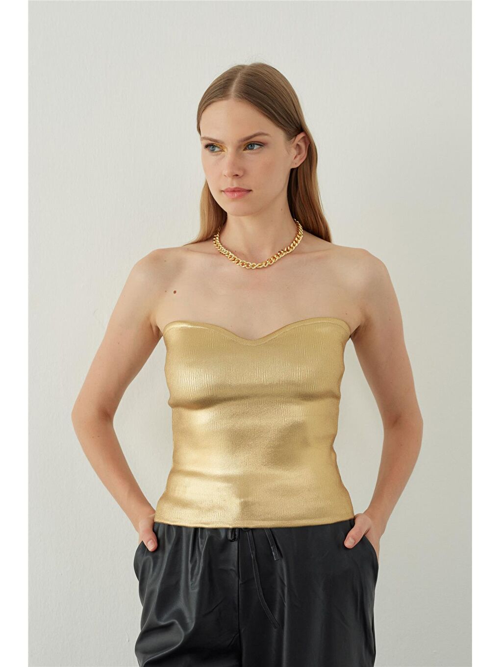 Metalik Sarı Kalp Yaka Triko Crop Top-2