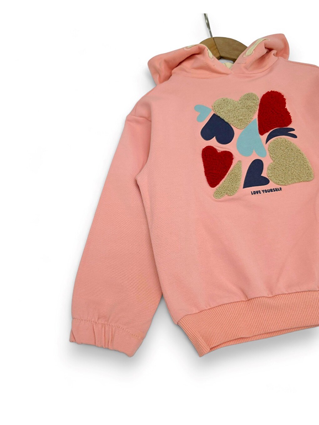 Pembe Kız Çocuk Kalp Baskılı Kapüşonlu Sweatshirtlü Mevsimlik Eşofman Takımı-1