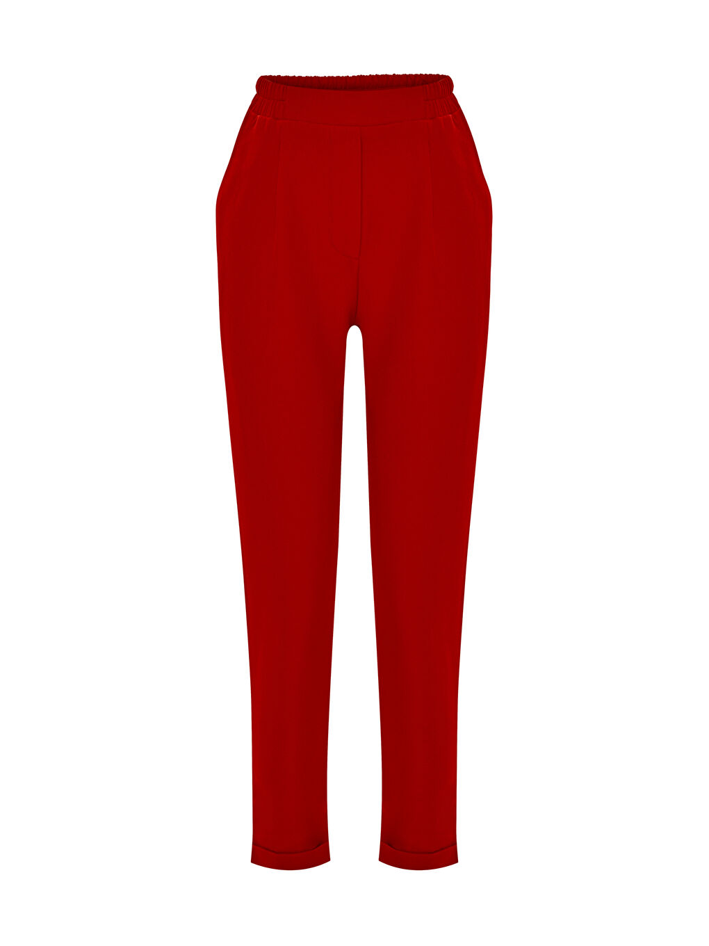 Düz Renk Beli Lastikli Klasik Pantolon-Kırmızı