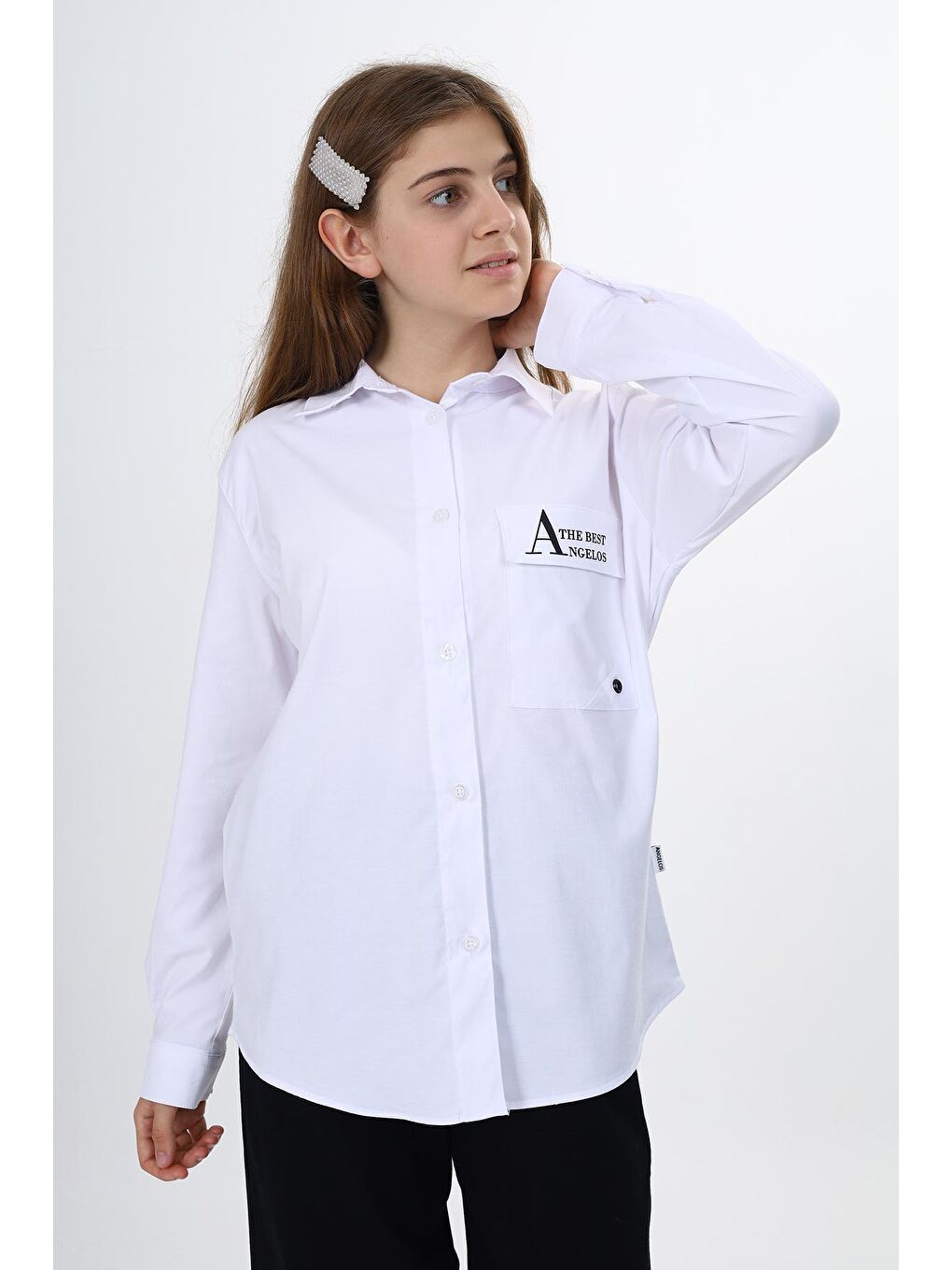 Beyaz Kız Çocuk Rahat Kesim Tek Cepli Gömlek 9-14 Yaş Lx243