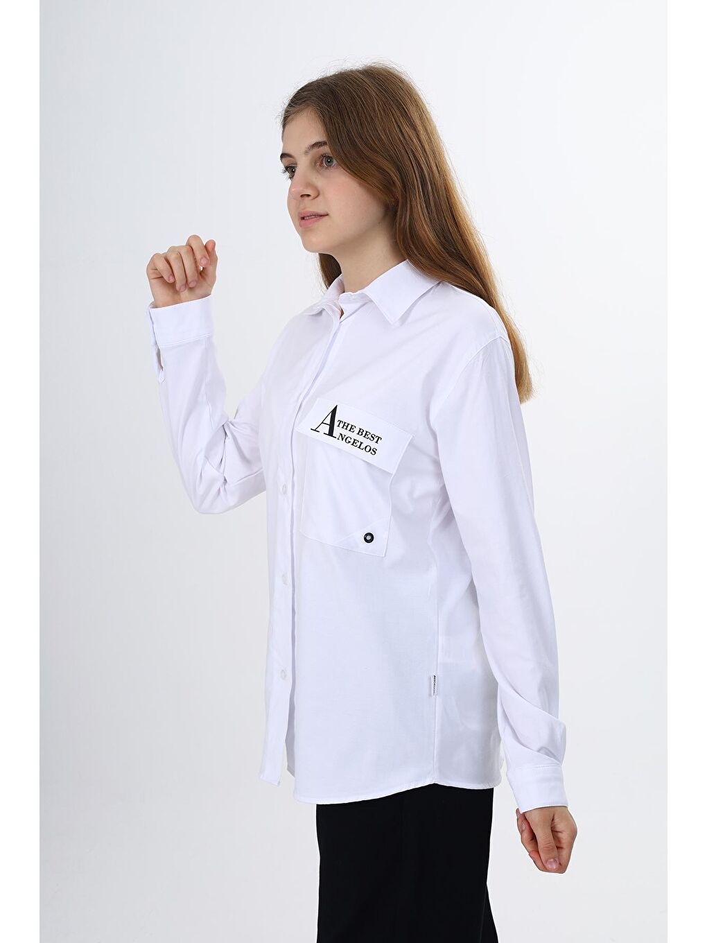 Beyaz Kız Çocuk Rahat Kesim Tek Cepli Gömlek 9-14 Yaş Lx243-1