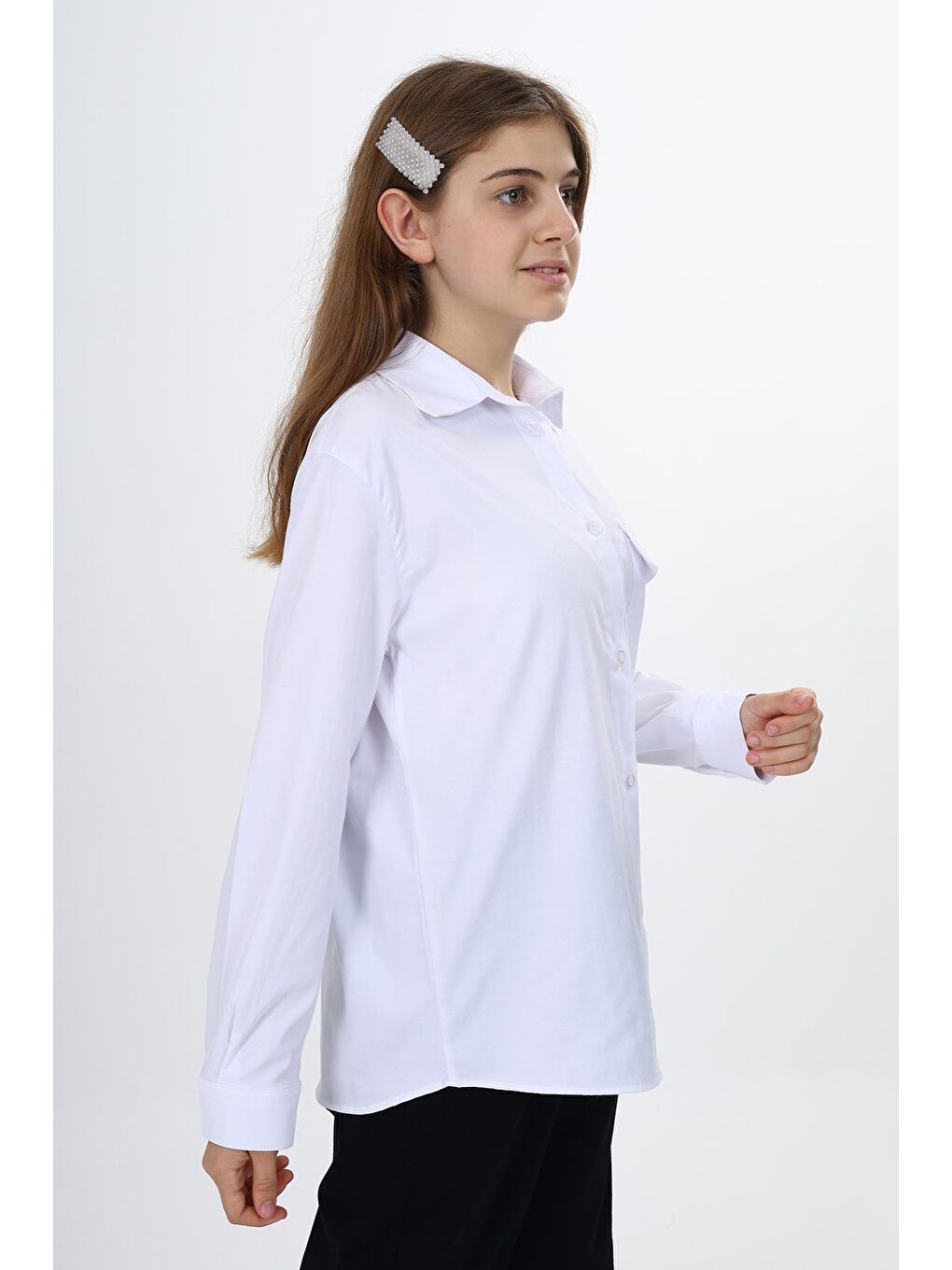 Beyaz Kız Çocuk Rahat Kesim Tek Cepli Gömlek 9-14 Yaş Lx243-2