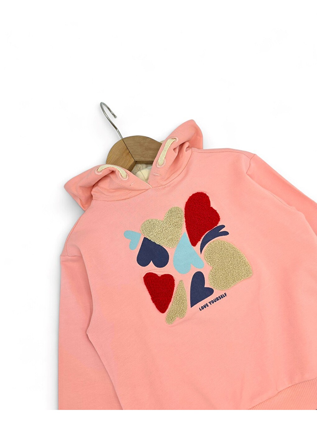 Pembe Kız Çocuk Kalp Baskılı Kapüşonlu Sweatshirtlü Mevsimlik Eşofman Takımı-2