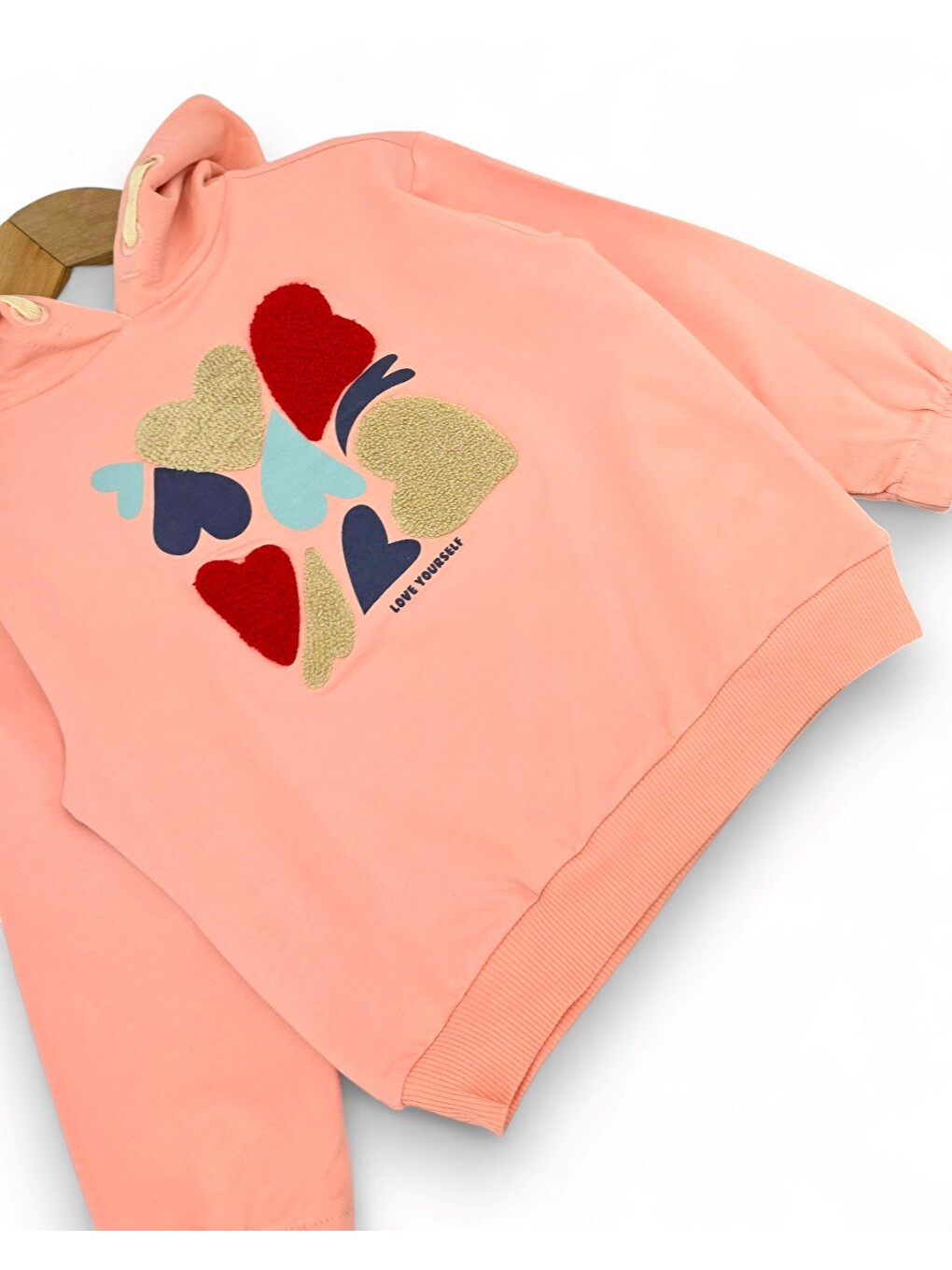 Pembe Kız Çocuk Kalp Baskılı Kapüşonlu Sweatshirtlü Mevsimlik Eşofman Takımı-3