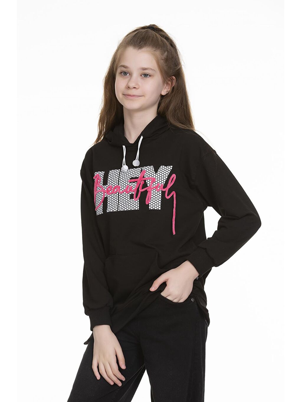 Siyah Kız Çocuk Kapüşonlu Kanguru Cepli Sweat 9-14 Yaş Lx154