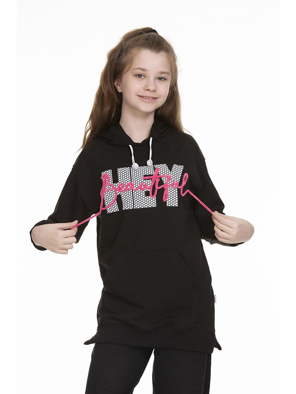 Siyah Kız Çocuk Kapüşonlu Kanguru Cepli Sweat 9-14 Yaş Lx154-1