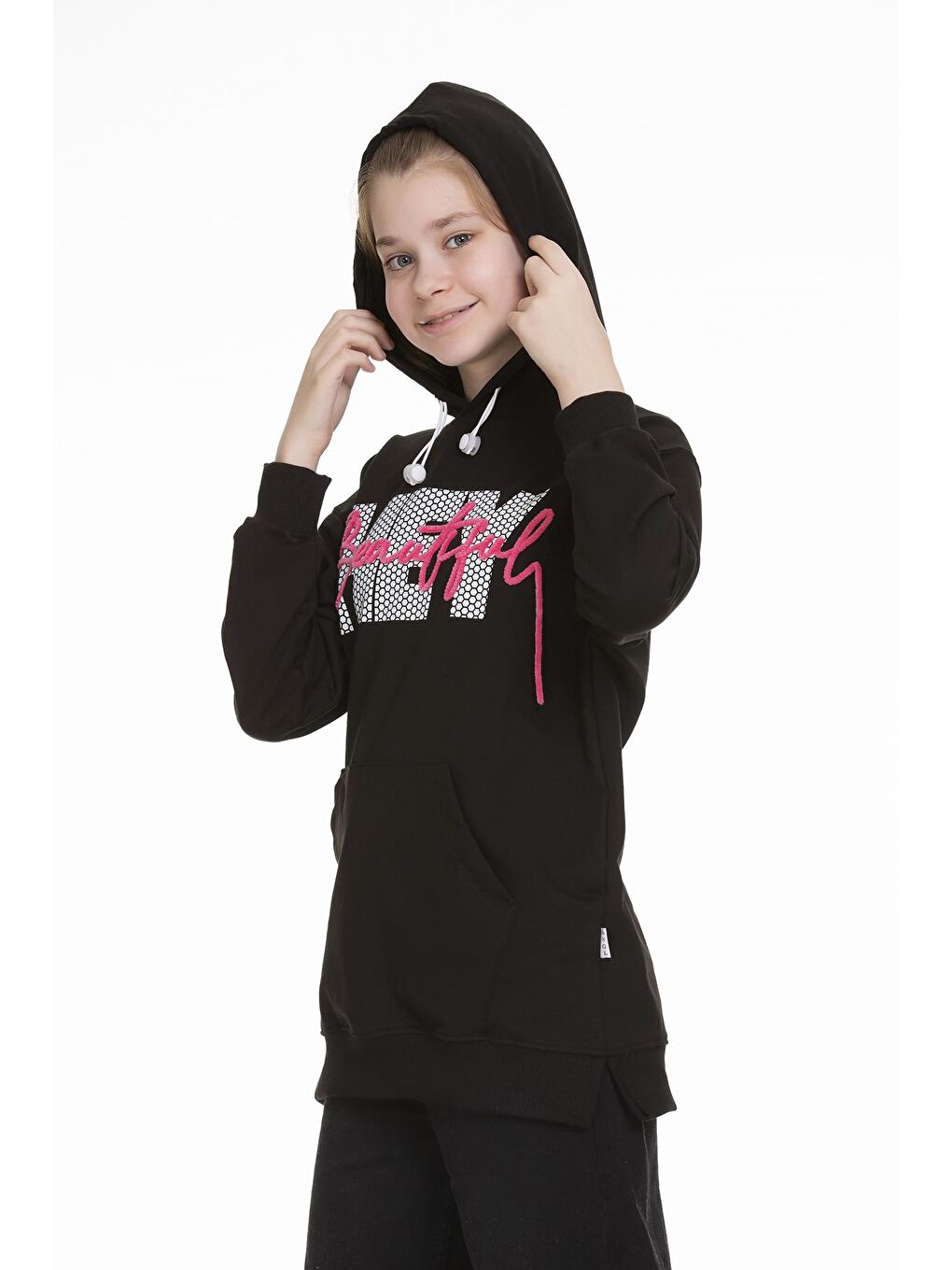 Siyah Kız Çocuk Kapüşonlu Kanguru Cepli Sweat 9-14 Yaş Lx154-2