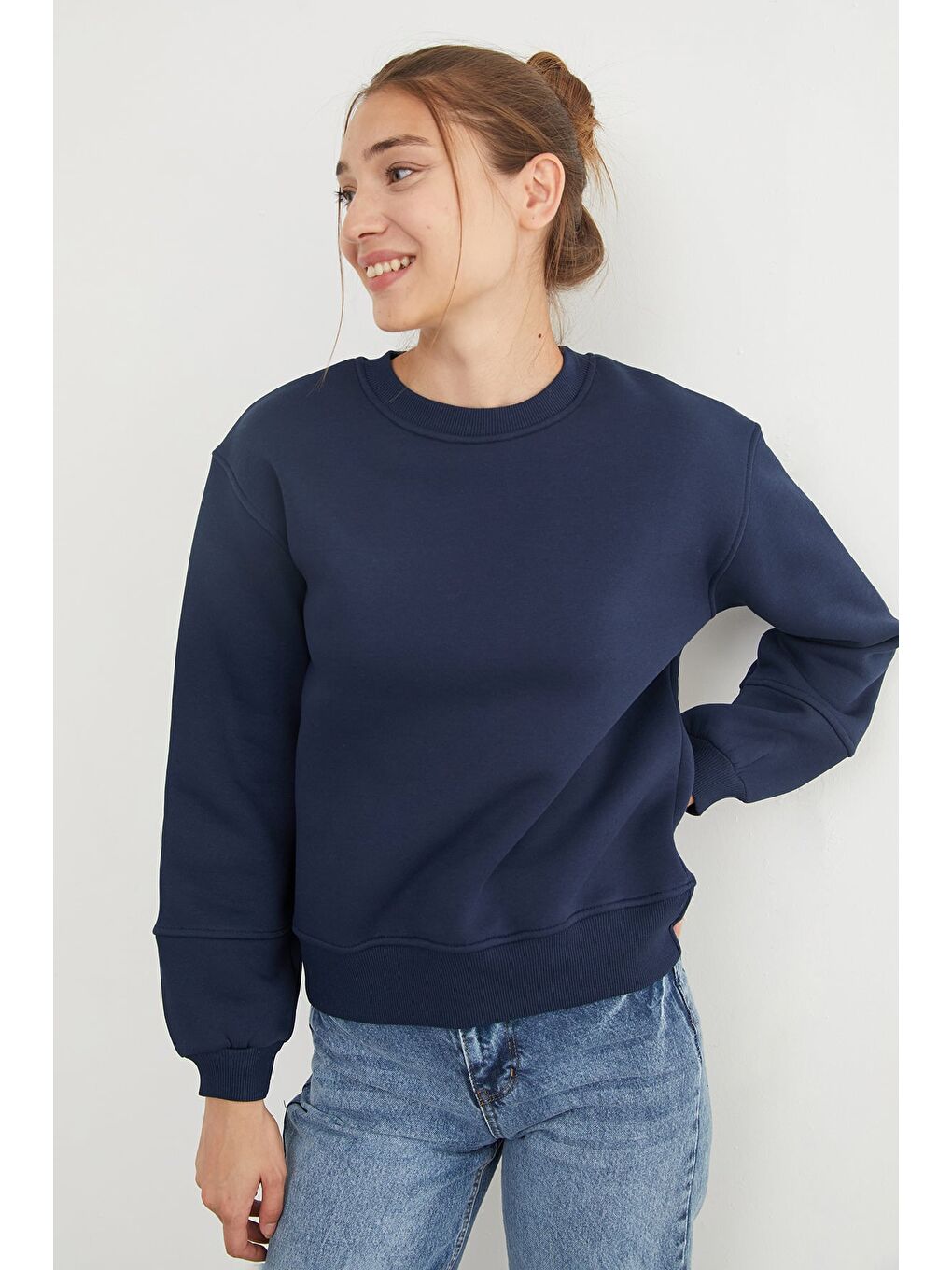 Lacivert 3 İplik Basic Bisiklet Yaka Sweatshirt