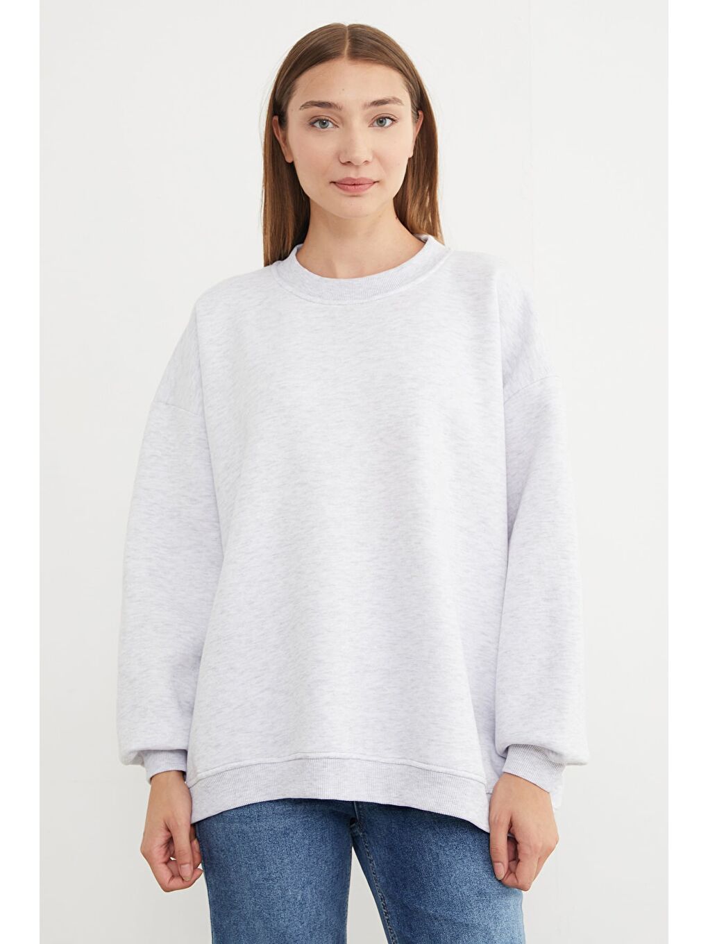 Gri 3 İplik Basic Oversize Sweatshirt-2