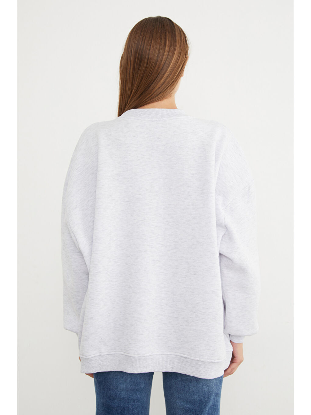 Gri 3 İplik Basic Oversize Sweatshirt-4