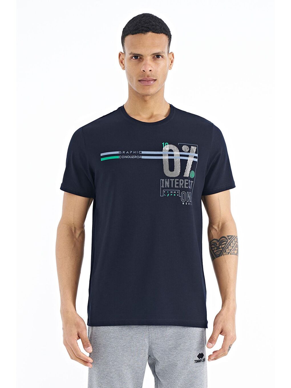 Lacivert Yazı Baskılı Standart Kalıp O Yaka Erkek Tişört - 88189