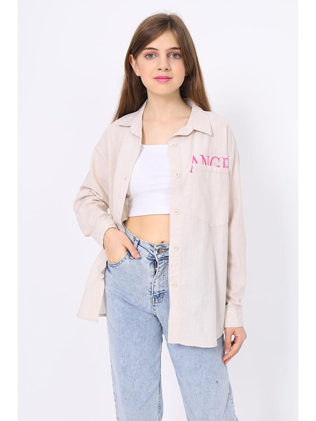 Ekru Kız Çocuk Angel Baskılı Gömlek 9-14 Yaş Lx184-1