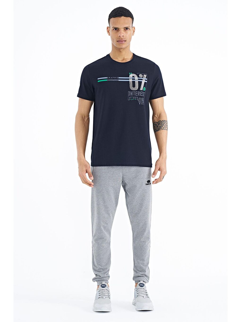 Lacivert Yazı Baskılı Standart Kalıp O Yaka Erkek Tişört - 88189-1