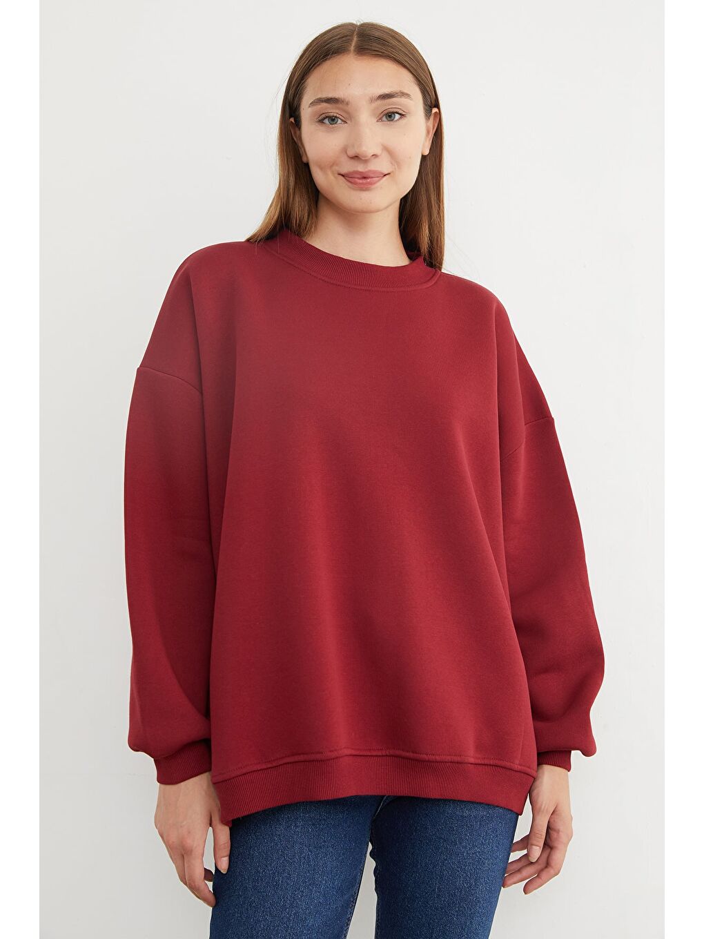 Bordo 3 İplik Basic Oversize Sweatshirt
