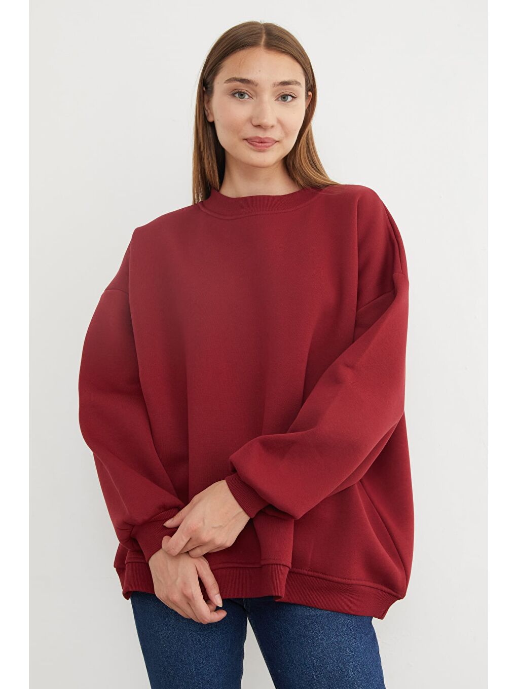 Bordo 3 İplik Basic Oversize Sweatshirt-1