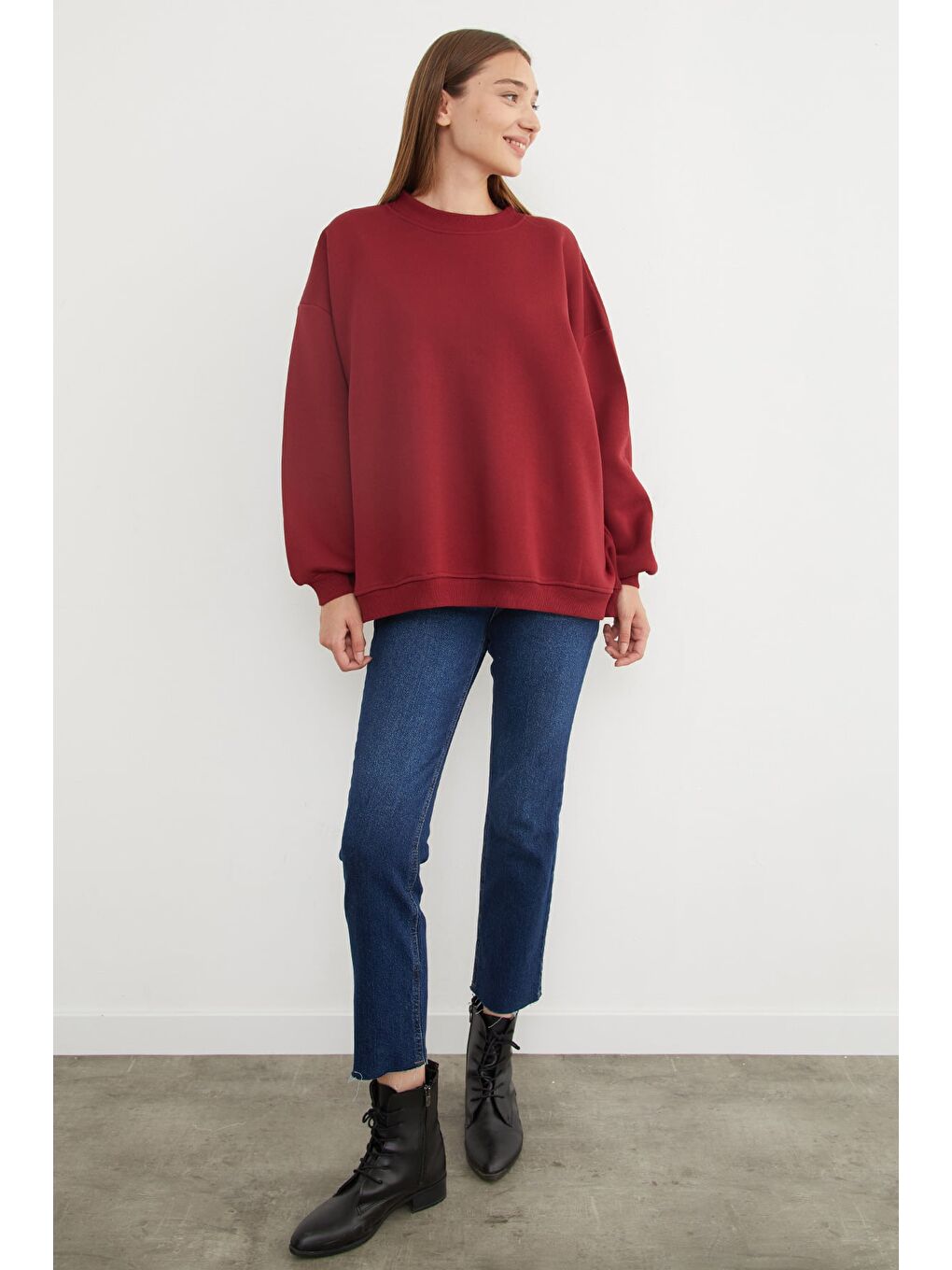 Bordo 3 İplik Basic Oversize Sweatshirt-2
