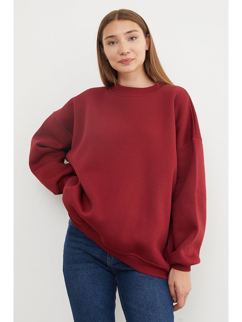 Bordo 3 İplik Basic Oversize Sweatshirt-3