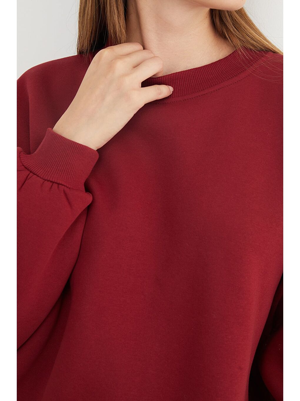 Bordo 3 İplik Basic Oversize Sweatshirt-4