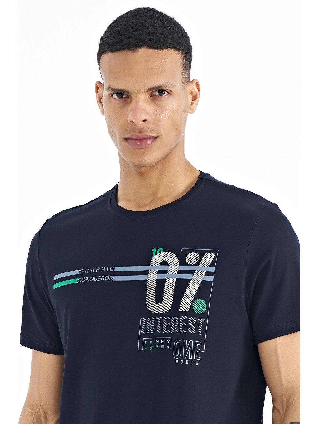 Lacivert Yazı Baskılı Standart Kalıp O Yaka Erkek Tişört - 88189-2
