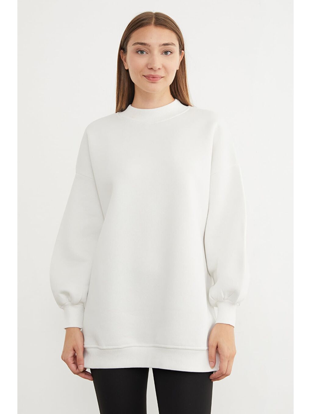 Ekru 3 İplik Basic Bisiklet Yaka Oversize Sweatshirt-2