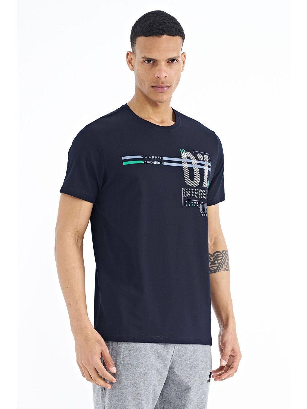 Lacivert Yazı Baskılı Standart Kalıp O Yaka Erkek Tişört - 88189-3