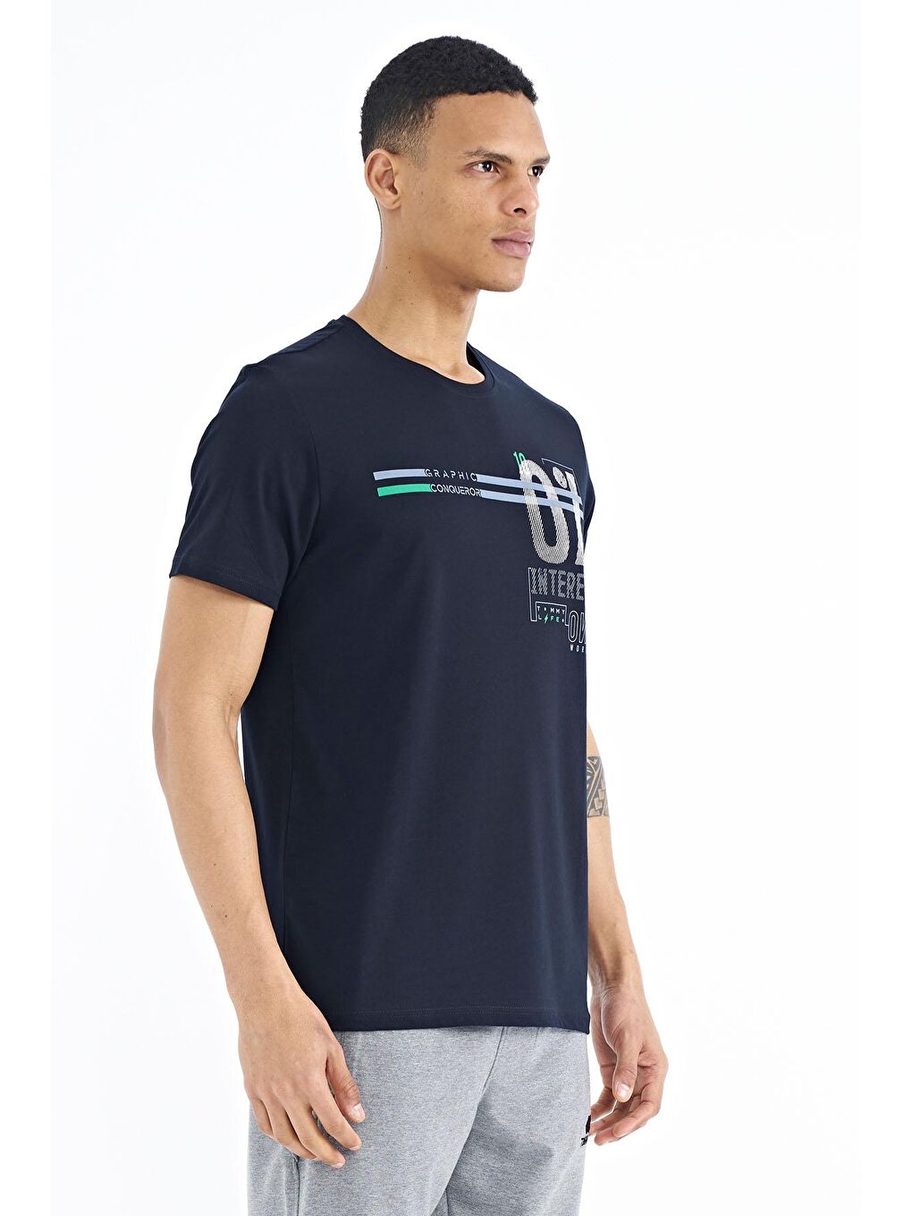 Lacivert Yazı Baskılı Standart Kalıp O Yaka Erkek Tişört - 88189-4