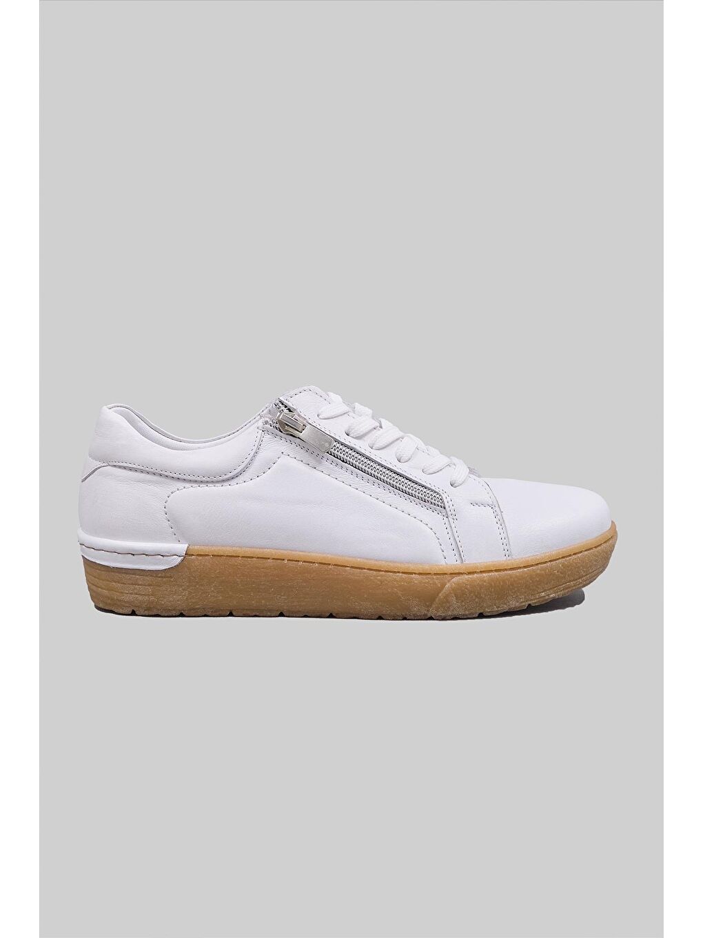 Beyaz Maren Hakiki Deri Yandan Fermuarlı Bağcıklı Snekaer Kadın Ayakkabı