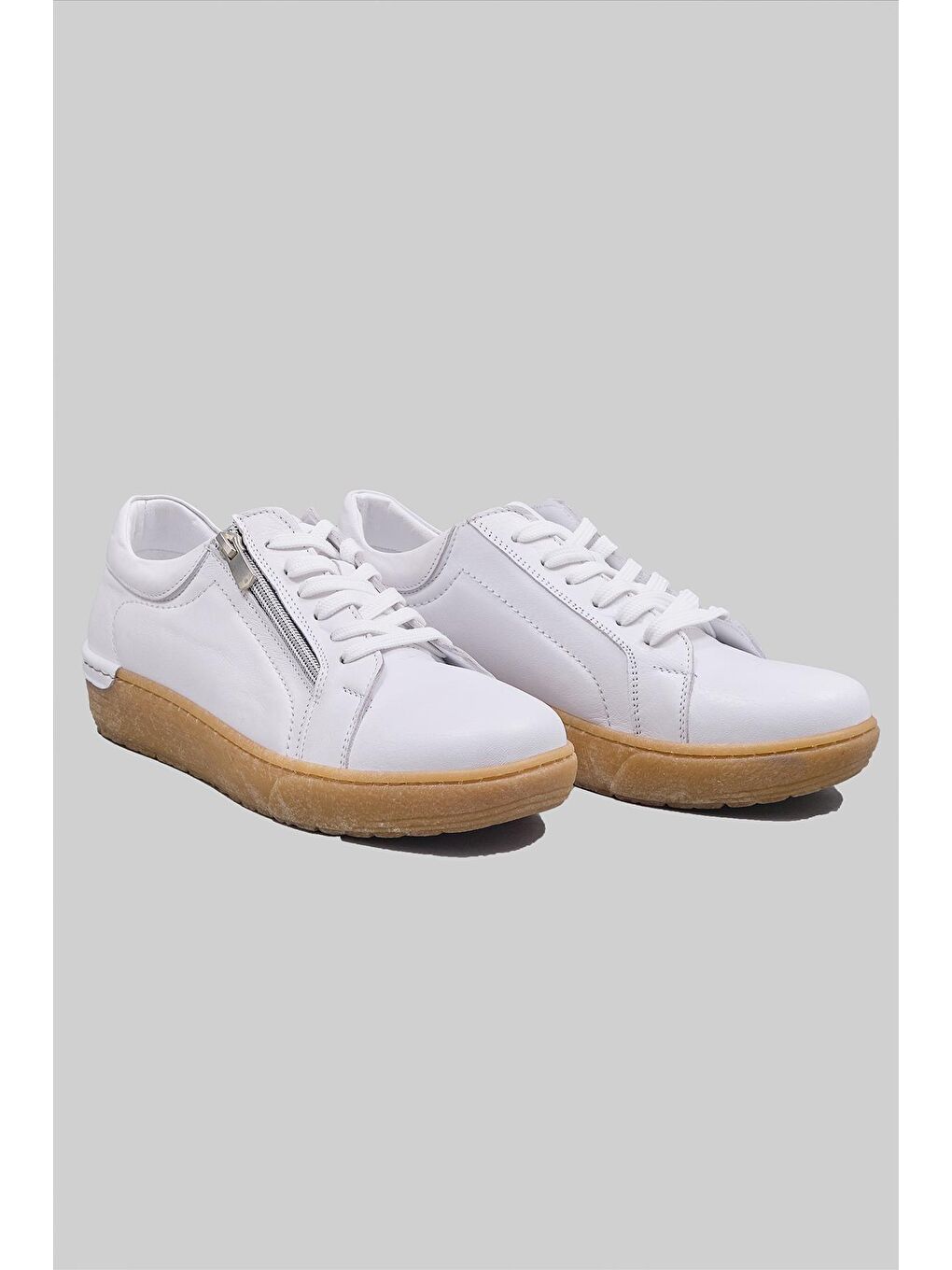 Beyaz Maren Hakiki Deri Yandan Fermuarlı Bağcıklı Snekaer Kadın Ayakkabı-1