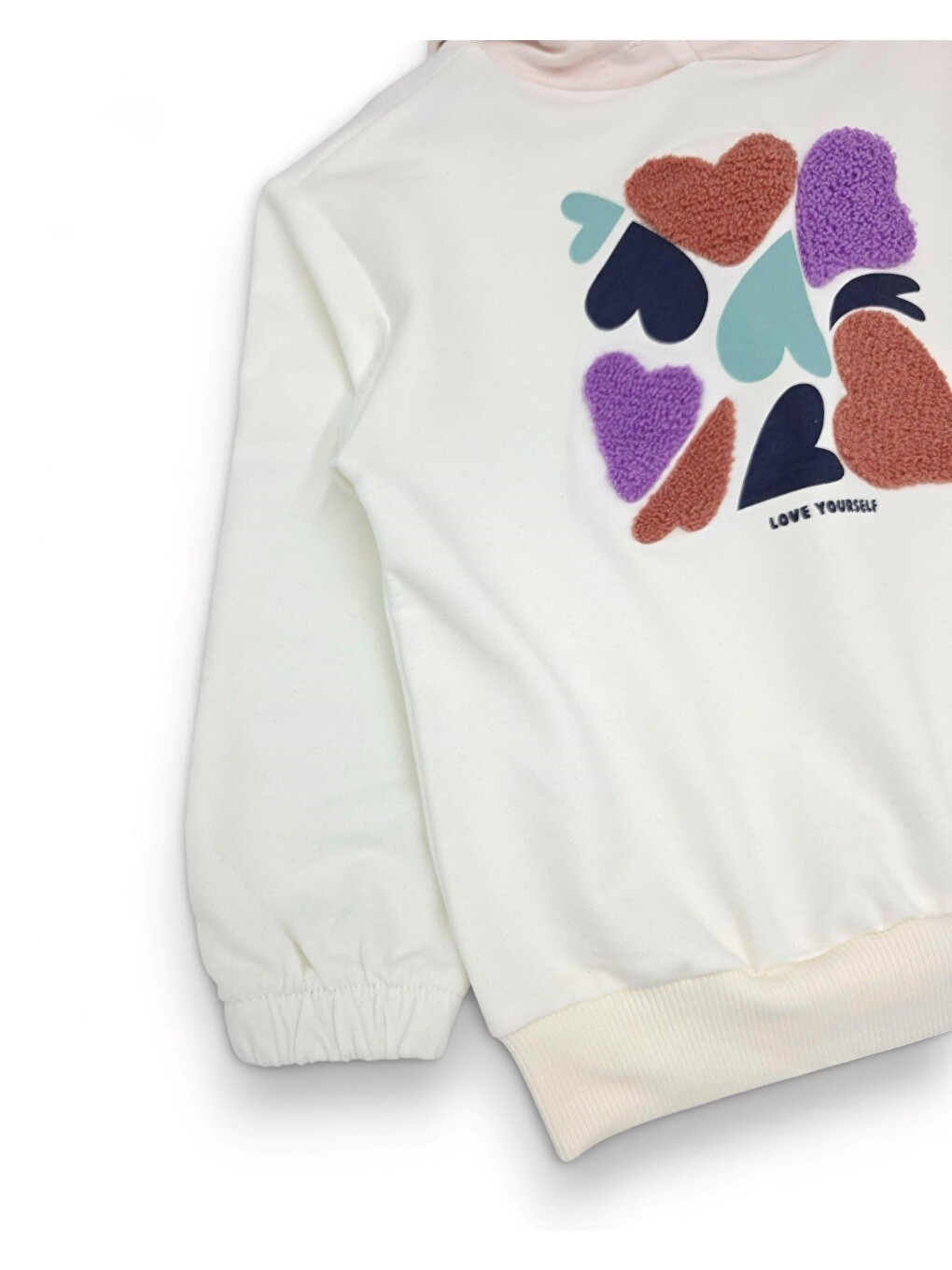 Beyaz Kız Çocuk Kalp Baskılı, Kapüşonlu Sweatshirtlü Mevsimlik Eşofman Takımı-2