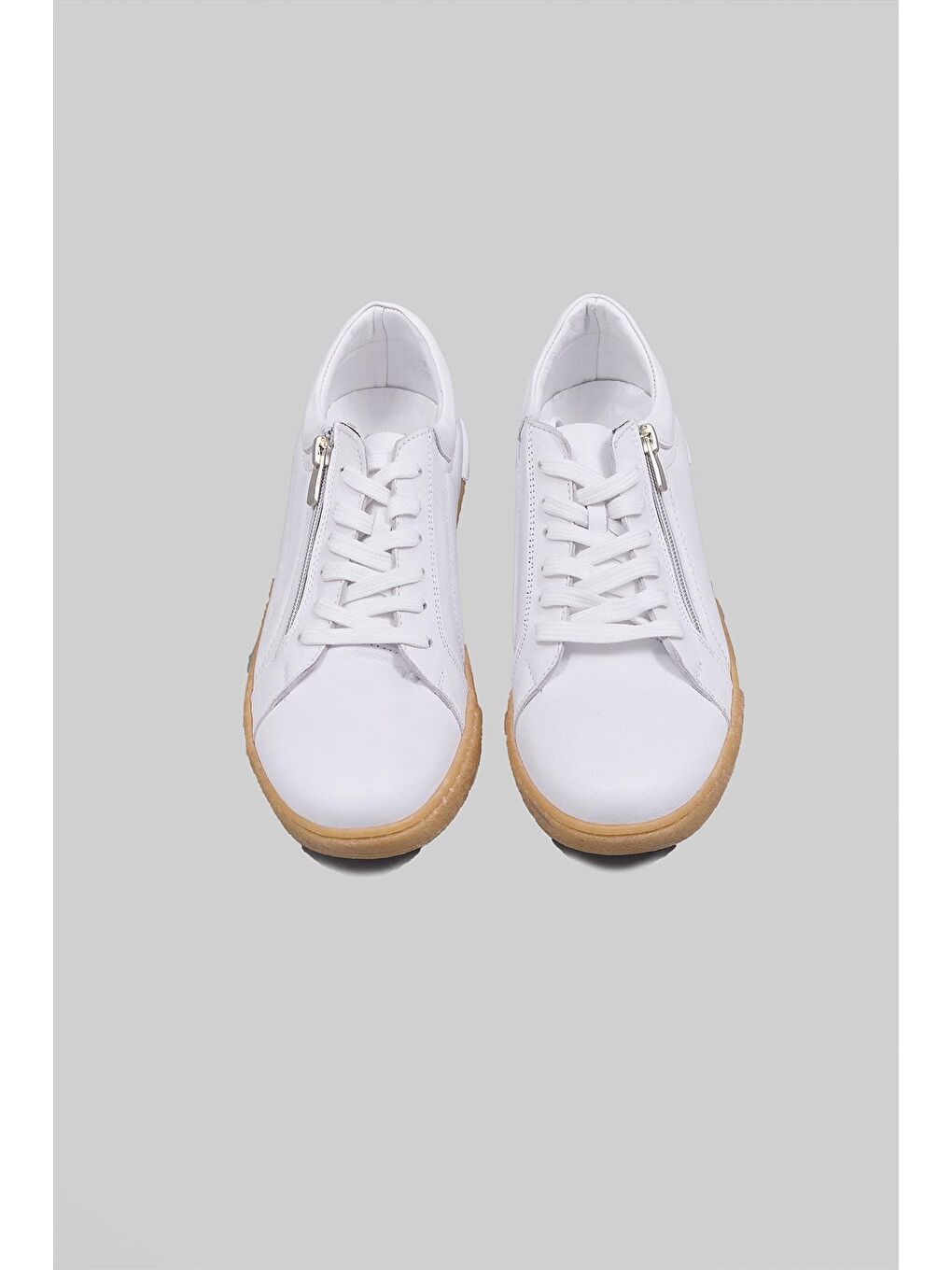 Beyaz Maren Hakiki Deri Yandan Fermuarlı Bağcıklı Snekaer Kadın Ayakkabı-3