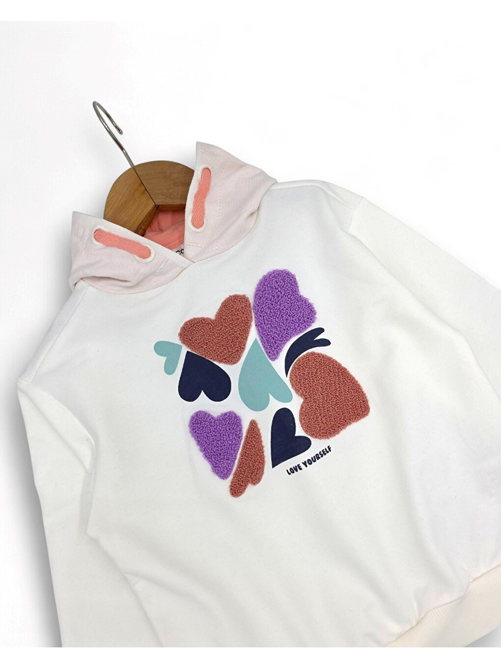 Beyaz Kız Çocuk Kalp Baskılı, Kapüşonlu Sweatshirtlü Mevsimlik Eşofman Takımı-3