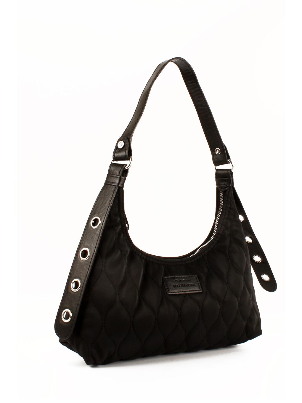 Siyah Kadın Paraşüt Kumaş Nakışlı Kemer Detaylı Omuz Baget Çanta (10686)