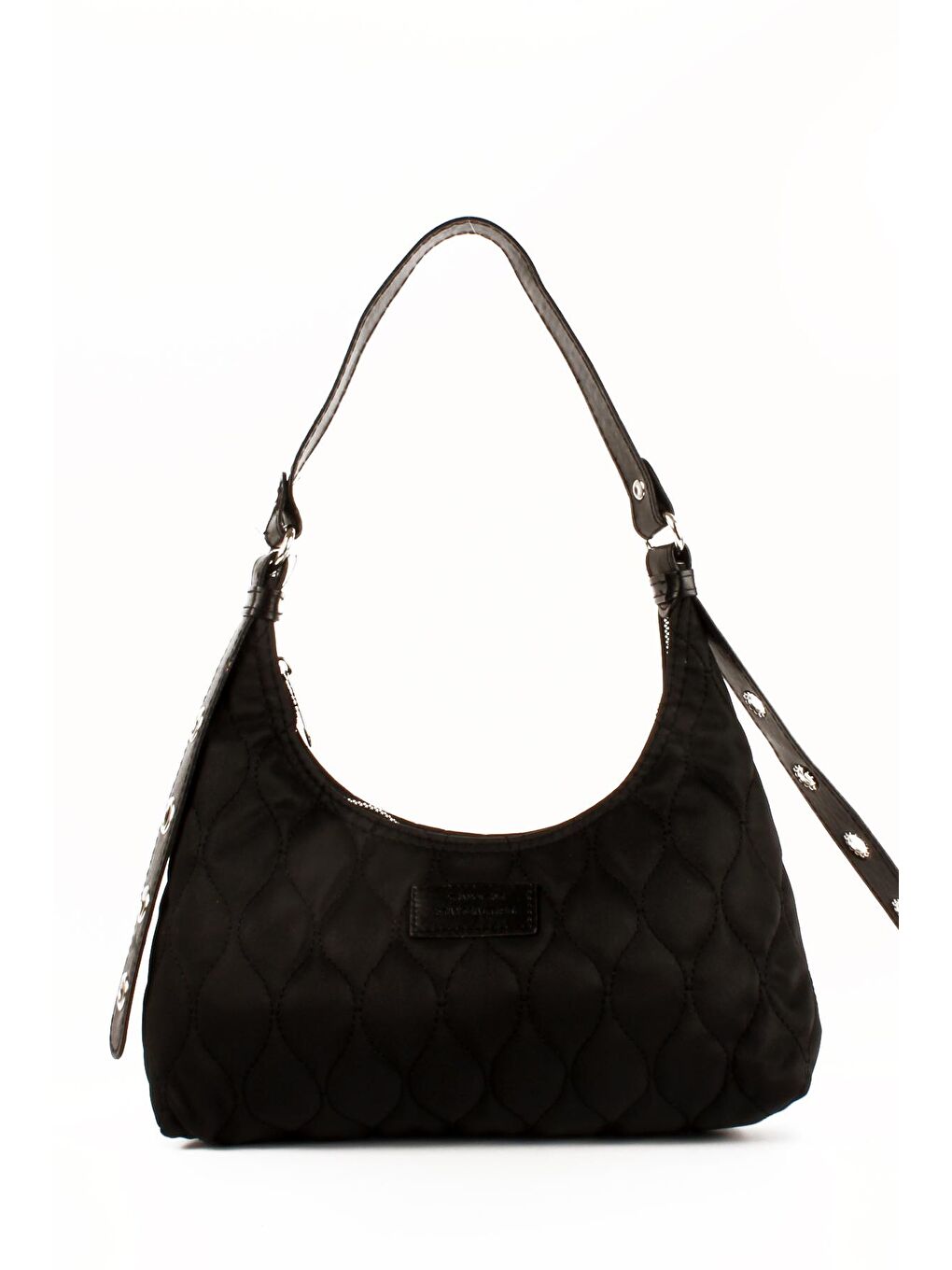 Siyah Kadın Paraşüt Kumaş Nakışlı Kemer Detaylı Omuz Baget Çanta (10686)-1