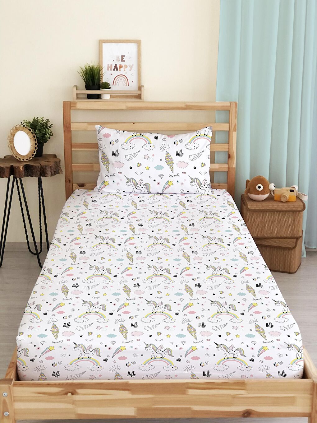 Karışık Ve  Desen Baskılı Tek Kişilik   Lastikli Çarşaf Seti 100x200 cm Beyaz