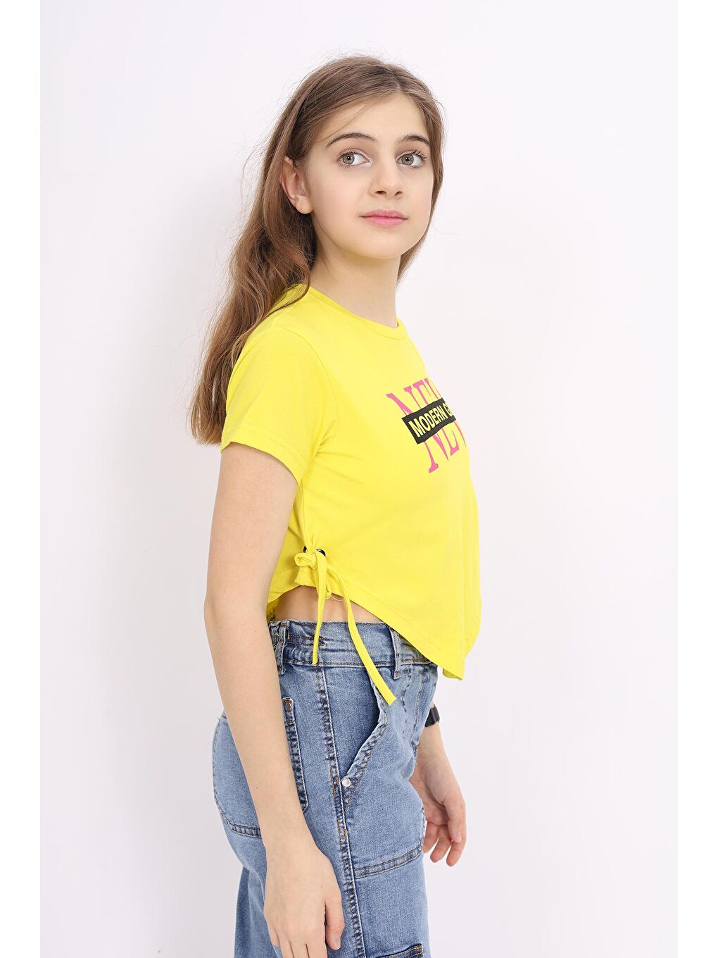 angelos Sarı Kız Çocuk Bağcıklı Crop T-Shirt 9-14 Yaş LX 228