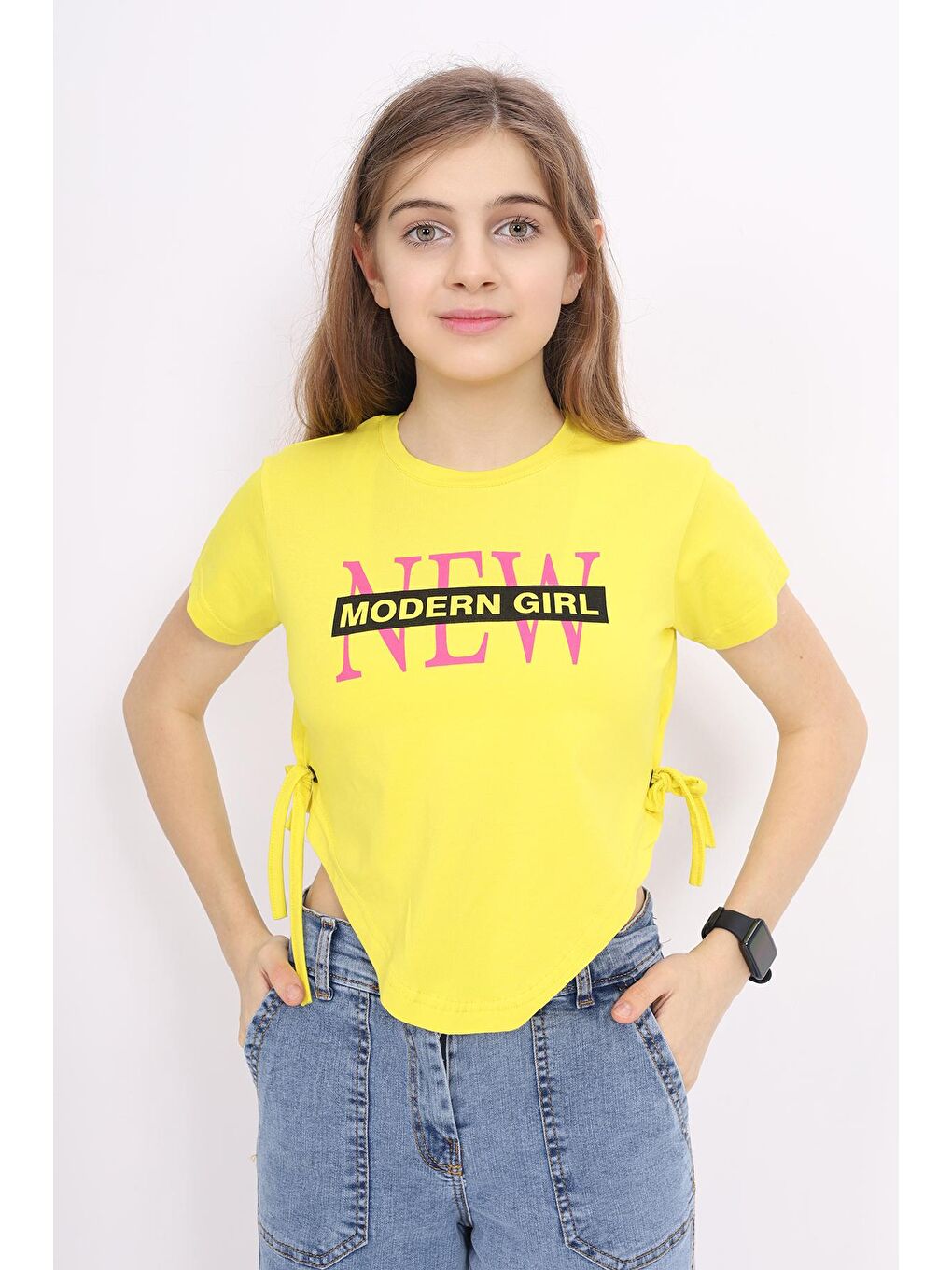 angelos Sarı Kız Çocuk Bağcıklı Crop T-Shirt 9-14 Yaş LX 228 - 1