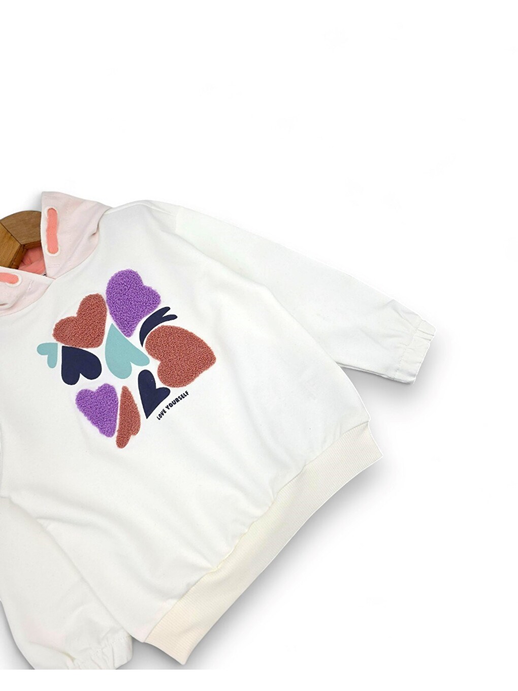 Beyaz Kız Çocuk Kalp Baskılı, Kapüşonlu Sweatshirtlü Mevsimlik Eşofman Takımı-4