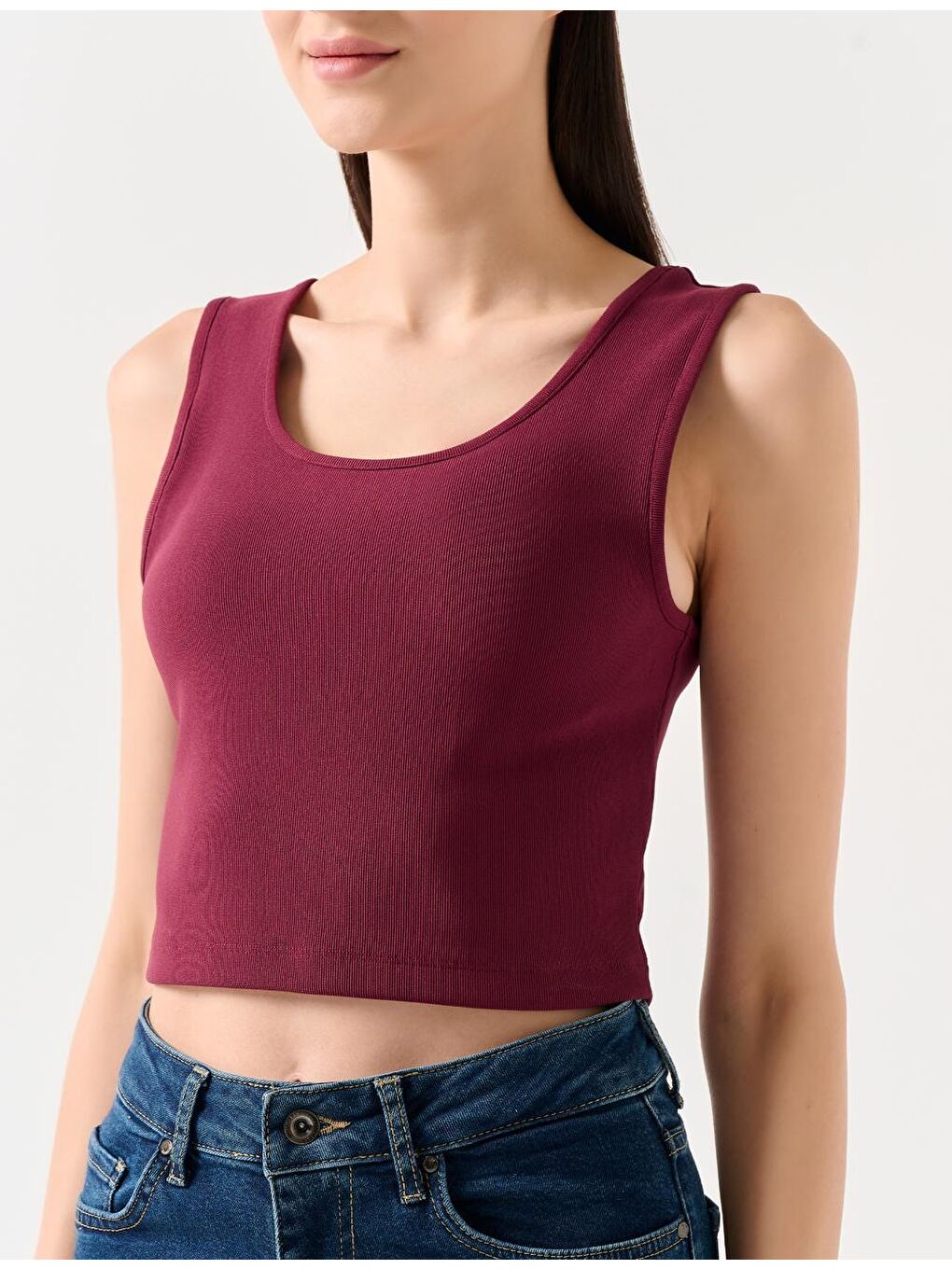 Bordo Dar Kesim Kolsuz U Yaka Örme Atlet-2