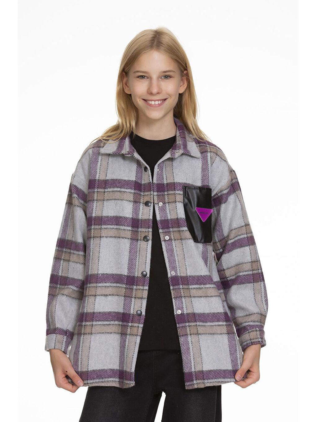 Mor Kız Çocuk Deri Cepli Ekose Gömlek 9-14 Yaş Lx147