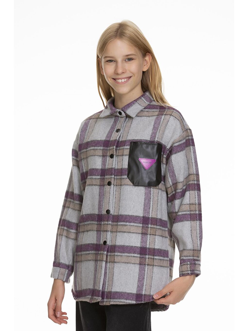 Mor Kız Çocuk Deri Cepli Ekose Gömlek 9-14 Yaş Lx147-1