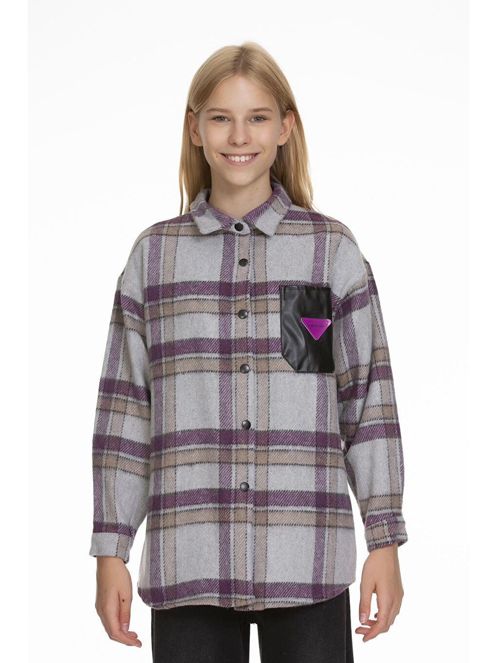 Mor Kız Çocuk Deri Cepli Ekose Gömlek 9-14 Yaş Lx147-2