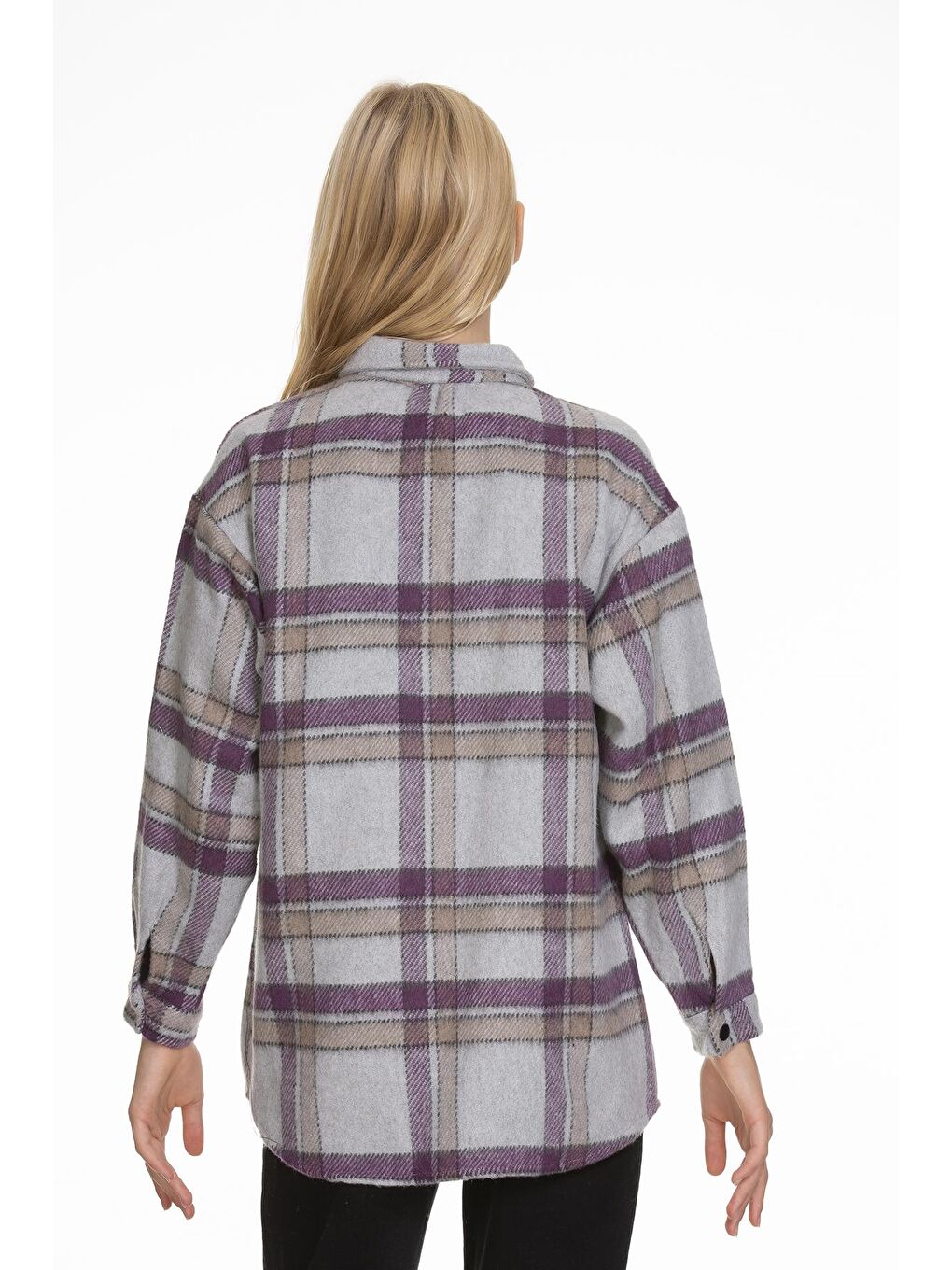 Mor Kız Çocuk Deri Cepli Ekose Gömlek 9-14 Yaş Lx147-3